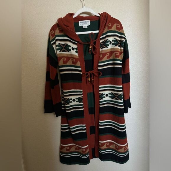 Vintage Aztec Southwestern Hooded Knit Cardigan Sz S Striped Orange Tie Front - Picture 2 of 7